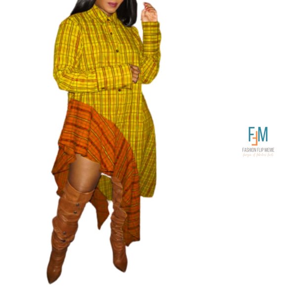 Contrast Asymmetrical Hem Long-Sleeve Plaid Shirt Dress - Picture 5 of 5